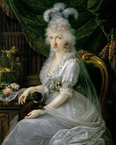 Norsk: Marie Luise (Ludovica) av Napoli og Sicilia (1773–1802), kone til Ferdinand III av Toscana, sittende ved et bord, knelangt portrett Luisa Maria Amelia Teresa av Napoli og Sicilia, prinsesse av Napoli og Sicilia (1773–1802), storhertuginnegemalinne a av Joseph Dorffmeister