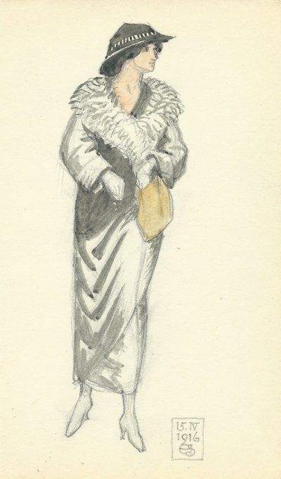 Fasjonabel dame, 15.IV.1916, 1916 (penn og blekk og wc på papir) av Joseph Edward Southall