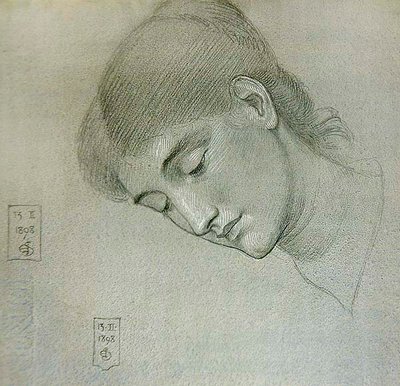 Hodestudie av en jente som ser ned av Joseph Edward Southall