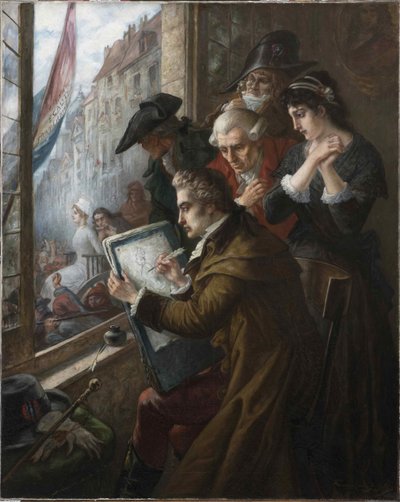 Maleren Jacques-Louis David som tegnet Marie-Antoinette førte til hennes henrettelse, 1793, 1900. av Joseph Emanuel Van Den Bussche
