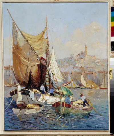 Fiskere i den gamle havnen i Marseille Maleri av Fernand Van Den Bussche (1892-1975) 20. århundre Obligatorisk omtale: Samlingsstiftelsen med hensyn til de Provence, Marseille av Joseph Emanuel Van Den Bussche