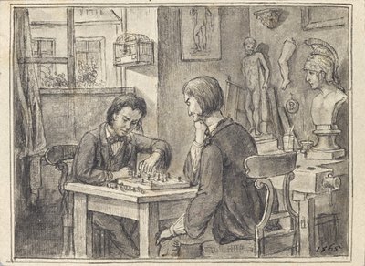 Sjakkspillerne i billedhuggerens atelier av Joseph Eugen Hörwarter