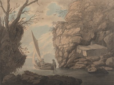 En seiljolle med tre menn som forlater et steinete innløp av Joseph Farington