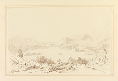 Generell utsikt over Lake of Derwent Water (penn og blekk med wc over grafitt på vevd papir) av Joseph Farington