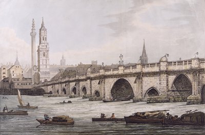 Utsikt over London Bridge, inkludert Church of St. Magus og The Monument, gravert av J.C. Stadler av Joseph Farington