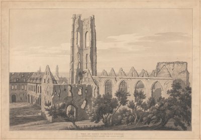 Utsikt over St. Nicholas-kirken i Valenciennes etter beleiringen av Joseph Farington