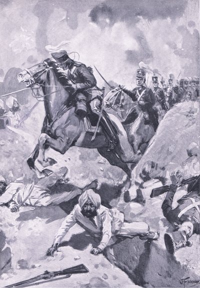 Sobraon: Sir Joseph Thackwell leder 3rd Light Dragoons i én fil gjennom noen sikh-jordarbeider, illustrasjon fra British Battles on Land and Sea, 1915 av Joseph Finnemore