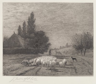 Landsbygate i Frankrike med en saueflokk av Joseph Foxcroft Cole