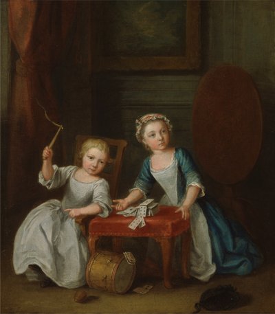 To barn av familien Nollekens, trolig Jacobus og Maria Sophia, leker med en topp og spiller kort, 1745 av Joseph Francis Nollekens