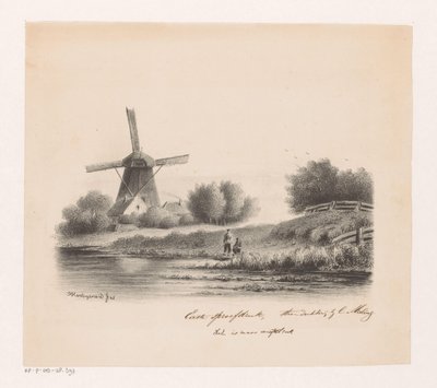 Landskap med mølle og to fiskere av Joseph Hartogensis