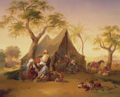 Sjeiker drikker kaffe foran et telt, 1842 av Joseph Heicke