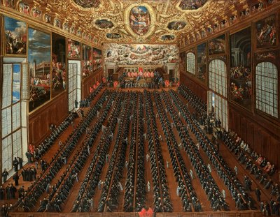 Interiøret i Sala Maggior Consiglio, Dogepalasset, Venezia, med patrikere som stemmer over en bulletin for valg av nye magistrater av Joseph Heintz the Younger