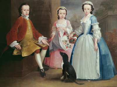 Sara, Anna og Evan Davies med hunden deres av Joseph Highmore