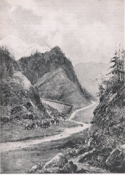 Afghanistan: Kabul-kolonnens marsj til Khandahar, august 1880, illustrasjon fra britiske slag på land og hav, 1915 av Joseph Holland Tringham