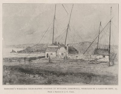 Marconis trådløse telegrafstasjon i Mullion, Cornwall, ødelagt av en kuling 17. september av Joseph Holland Tringham
