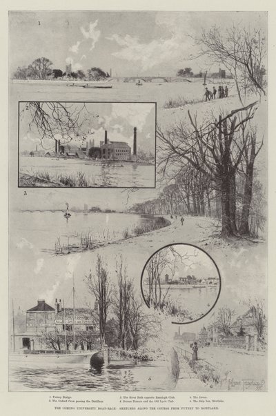 The Coming University Boat-Race, skisser langs banen fra Putney til Mortlake av Joseph Holland Tringham
