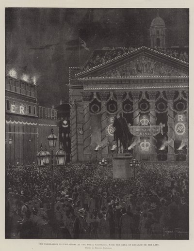 The Coronation Illuminations på Royal Exchange, med Bank of England til venstre av Joseph Holland Tringham
