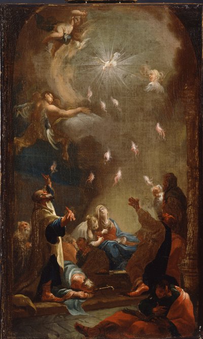 The Descent of the Holy Spirit (Pentecost) - Maleri av Joseph Ignaz Mildorfer (1719-1775), olje på lerret, ca. 1750 - (The Descent of the Holy Spirit (Pentecost), Olje på lerret av J.I.Mildorfer, ca. 1750) - Magyar Nemzeti Galeria (Ungarn) av Joseph Ignaz Mildorfer