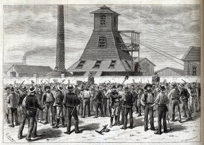 Streik ved Anzin-gruvene (Pas-de-Calais) i 1884 - Greves aux mines d'Anzin (Pas-de-Calais) i 1884. Tegning av Julien - gravering i «Le journal illustrious»» av 1884 av Joseph Julien