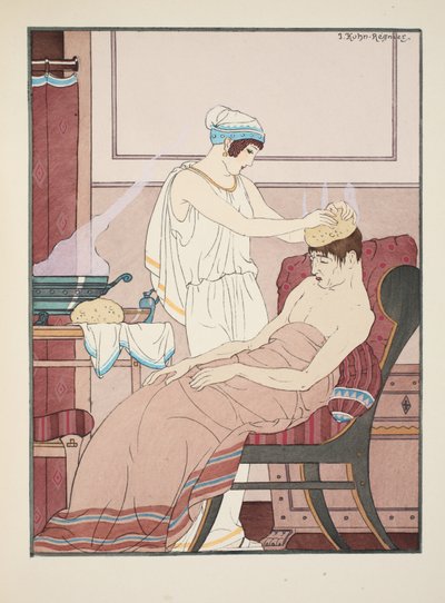 En svamp dynket i varmt vann påføres hodet, illustrasjon fra 'The Works of Hippocrates', 1934 av Joseph Kuhn-Regnier