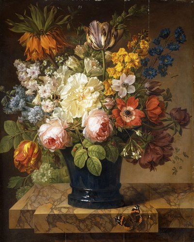 Blomster i en vase på en marmorhylle med en rød admiral, en humlebi, to biller og en øyenstikker, 1807 av Joseph-Laurent Malaine