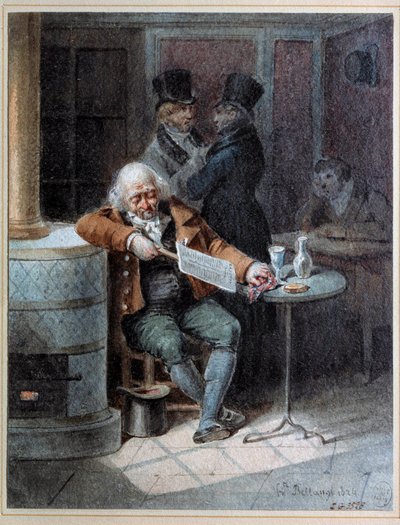 Reading of the Gazette””: gammel mann som sover på en kafé og leser avisen “The Gazette”” i 1824. Litografi av Joseph Louis Hippolyte Bellange (1800-1866) 1824 Paris, Musee Carnavalet av Joseph Louis Hippolyte Bellange