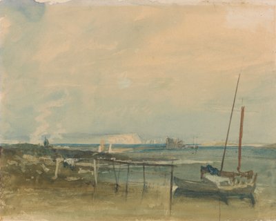Kystscene med hvite klipper og båter på land av Joseph Mallord William Turner