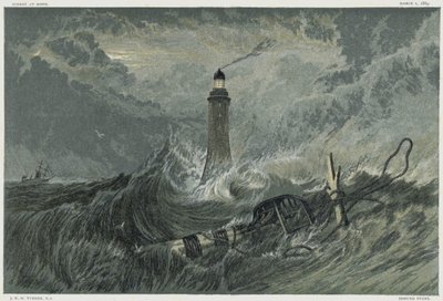 Eddystone fyr, bygget på Eddystone Rock av den engelske sivilingeniøren John Smeaton fra 1757–1759. Kromolitografi etter maleri av JMW Turner av Joseph Mallord William Turner