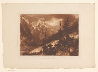 Utsikt over Chamonix-dalen med elven Arveyron Kilden til Arveron i Chamouni Savoy-dalen (tittel på objekt) Landskapsstudier (serietittel) Liber Studiorum (serietittel) av Joseph Mallord William Turner