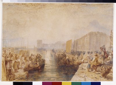 Le Havre: Solnedgang (akvarell forsterket med penn og rødt blekk på hvitt papir) av Joseph Mallord William Turner