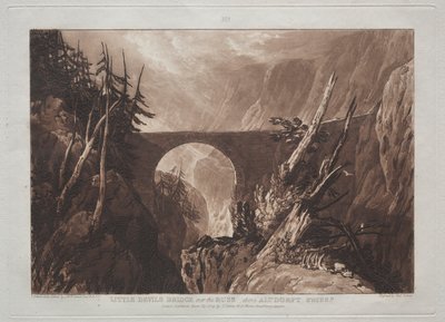 Liber Studiorum: Little Devil's Bridge over Russ, over Altdorft, Sveits av Joseph Mallord William Turner