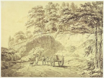 Mann med hest og vogn inn i et steinbrudd, ca. 1797 (grafitt og grå vask på papir) av Joseph Mallord William Turner