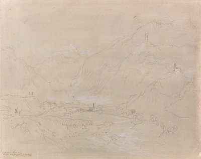 Fjelllandskap med by i dalen, ca. 1840 (grafitt og grå vask på papir) av Joseph Mallord William Turner
