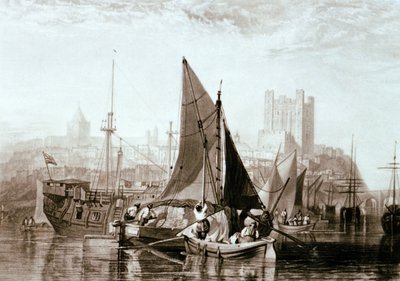 Thames-lekter som frakter høy, et fengselshull og annen skipsfart ved Rochester, ved elven Medway av Joseph Mallord William Turner