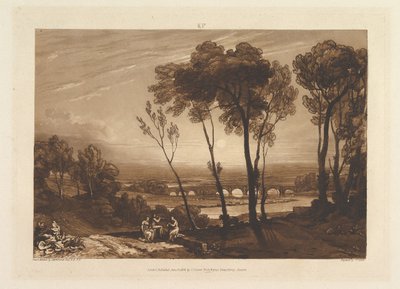 The Bridge in Middle Distance Liber Studiorum, del III, plate 13, 10. juni 1808. av Joseph Mallord William Turner