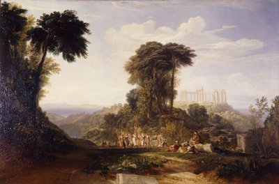 Utsikt over tempelet til Jupiter Panellenius, på øya Egina, med utsikt over Akropolis i Athen i det fjerne av Joseph Mallord William Turner