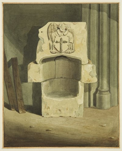 Gammel font tatt ut av sørveggen til krypten til Johanneskirken (akvarell på papir) av Joseph Manning