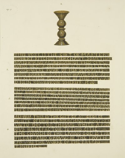 Bronsesøyle (spiker) nr. 2, med inskripsjoner av nr. 2, 3 og 4 (blyant og akvarell på papir) av Joseph Manning