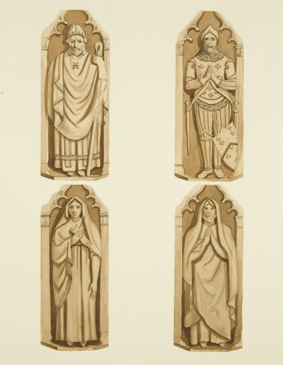 Fire figurer som dekorerer dørene laget av Clarke, på hver side av alteret til St Mark