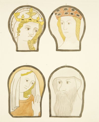 Fire hoder i glassmalerier sør for koret i Bristol Cathedral (akvarell på papir) av Joseph Manning