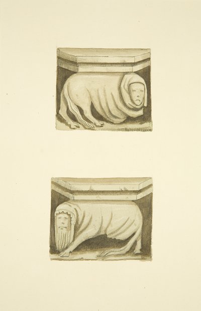 Fire takstoler i nord veranda (opprinnelig støttende statuer) av St Mary Redcliffe (akvarell på papir) av Joseph Manning