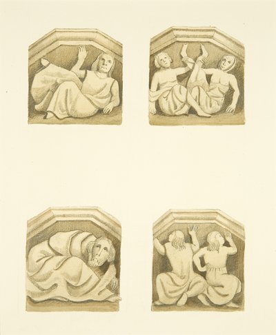 Fire takstoler i nordverandaen (opprinnelig støttende statuer) av St Mary Redcliffe (akvarell på papir) av Joseph Manning