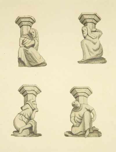 Fire takstoler på tårnet (opprinnelig støttende statuer) av St Mary Redcliffe (akvarell på papir) av Joseph Manning