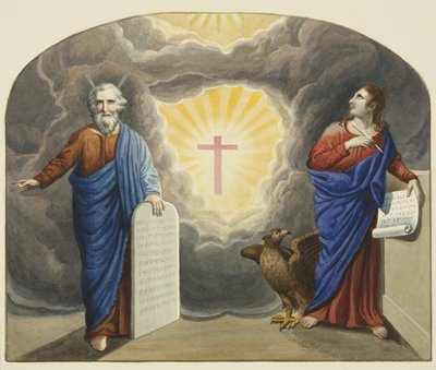 Malt vindu over Christ Church alter, som viser Moses og St John the Evangelist (akvarell på papir) av Joseph Manning