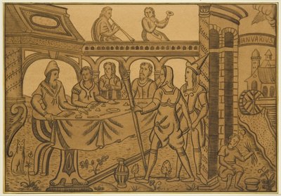 Panel fra en gammel eikekiste i Orphan Asylum, Hook's Mills, som viser en festscene i januar av Joseph Manning