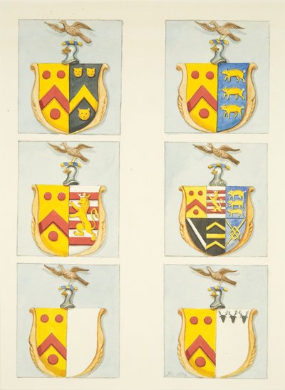 Seks våpenskjold i glassmalerier i nord- og sørgangene (østenden) av Bristol Cathedral (akvarell på papir) av Joseph Manning