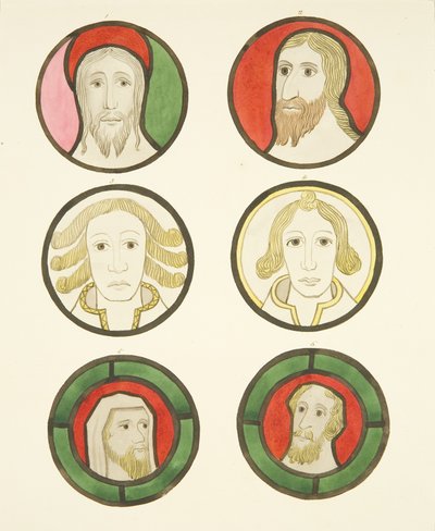 Seks hoder i glassmalerier nord og sør for koret i Bristol Cathedral (akvarell på papir) av Joseph Manning