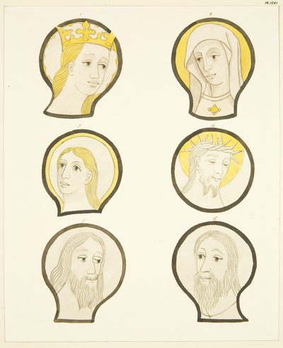 Seks hoder i glassmalerier sør for koret i Bristol Cathedral (akvarell på papir) av Joseph Manning