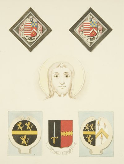 Farget glass, våpenskjold og våpenskjold i Peterskirken (akvarell på papir) av Joseph Manning