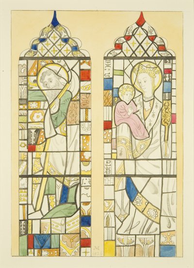 Farget glass i vindu over fonten til St Mary Redcliffe (akvarell på papir) av Joseph Manning